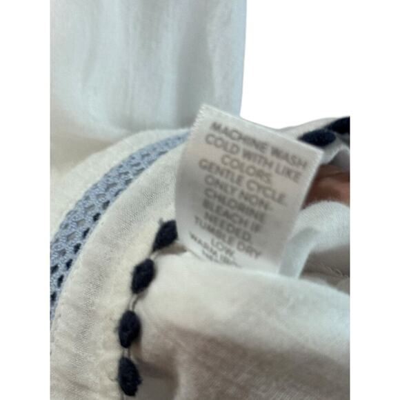 J. Jill Women's White Gauze Blue Pom Pom Tassel Button Semi-Sheer Blouse Size M - Picture 2 of 8